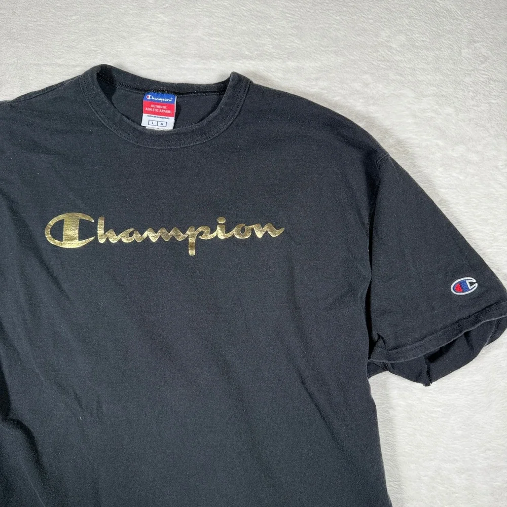 Champion Authentic Athletic Apparel Black Gold Script Logo T Shirt Mens Large‎ - Picture 3 of 7